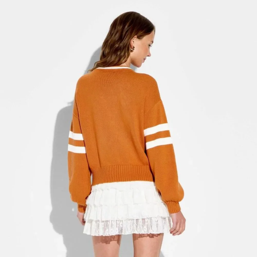 Women's Game Day Chain Stitch Long Sleeve Sweater - Wild Fable Dark Orange M
